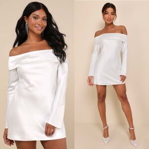 NWT LULUS Satin‎ Off Shoulder Long Sleeve Princesscore Minimalist Mini Dress S